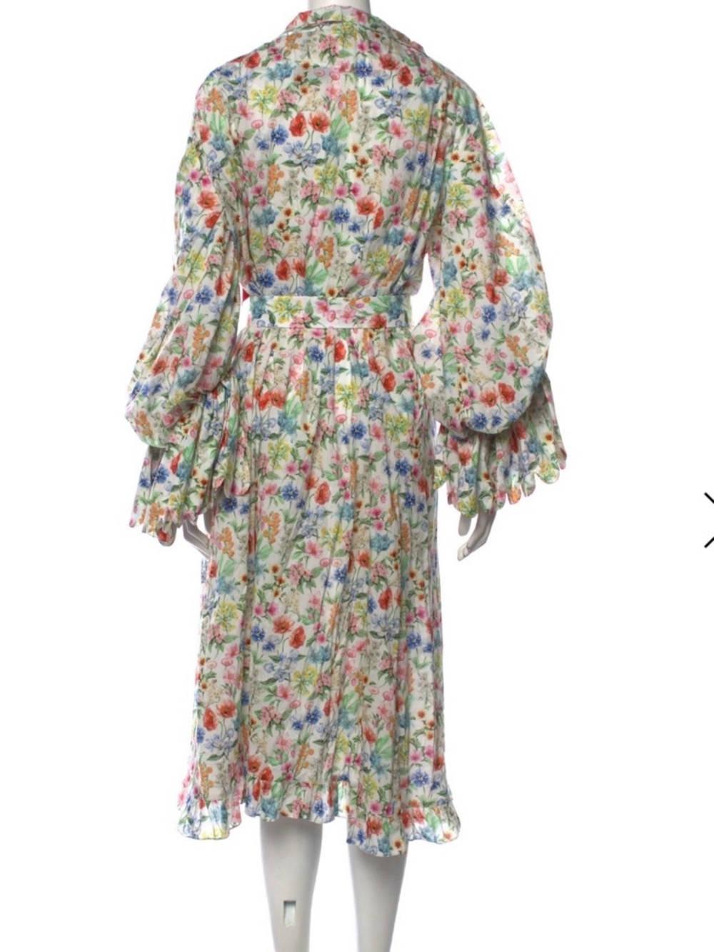 size large Horror Vacui Floral Peasant Midi Dress with Ruffled Neckline - Picture 3 of 6
